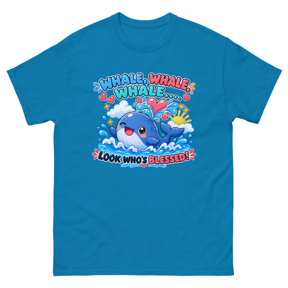 Cartoon whale spouting hearts with the words Whale Whale Whale Look Who's Blessed on a Sapphire shirt
