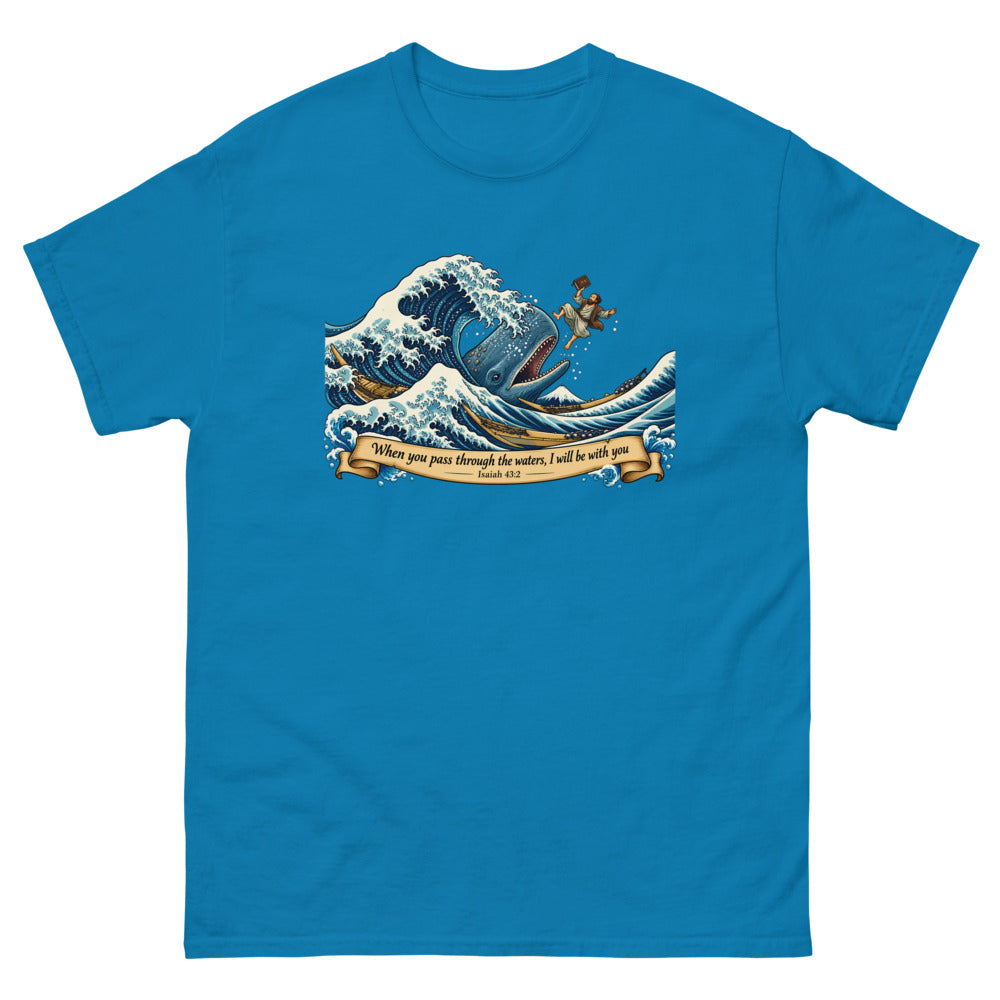 Woodblock style great wave with Jonah and a whale and the words When you pass through the waters I will be with you on a Sapphire shirt