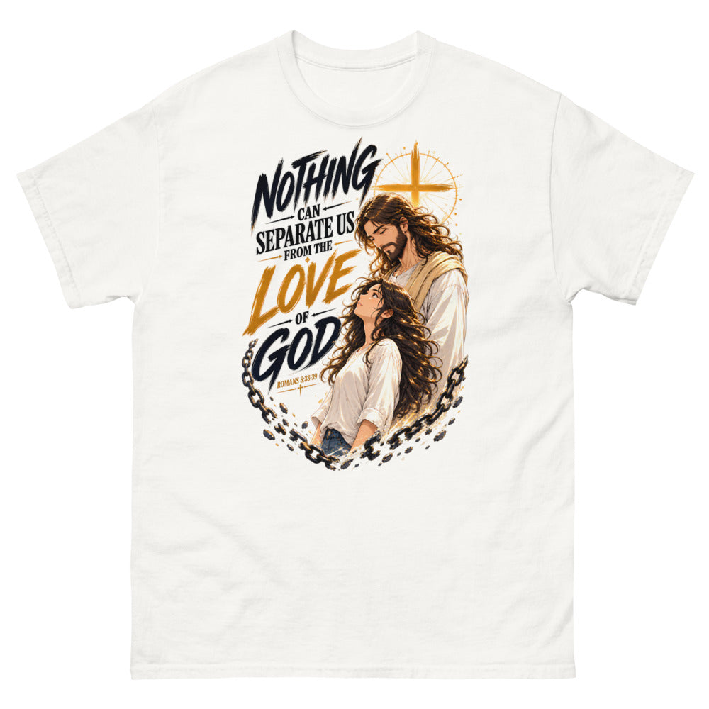 Anime illustration of Jesus and a young woman with broken chains and the words Nothing Can Separate Us From The Love Of God