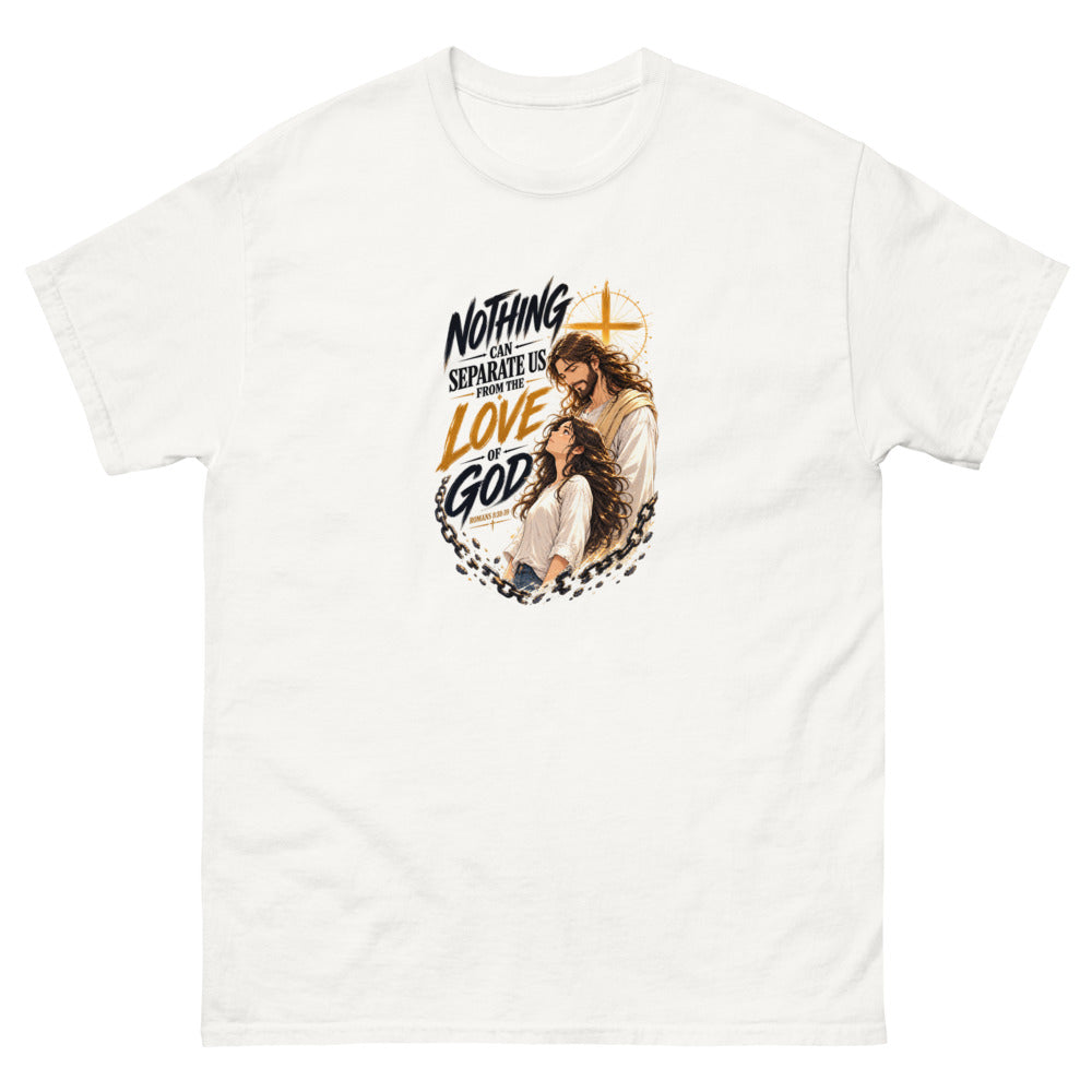 Anime illustration of Jesus and a young woman with broken chains and the words Nothing Can Separate Us From The Love Of God