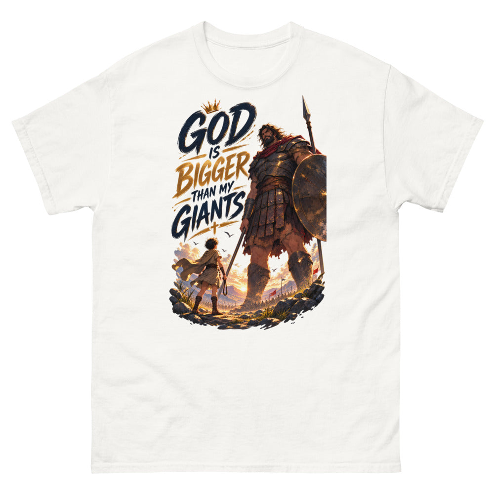 Anime David facing Goliath with the words God Is Bigger Than My Giants