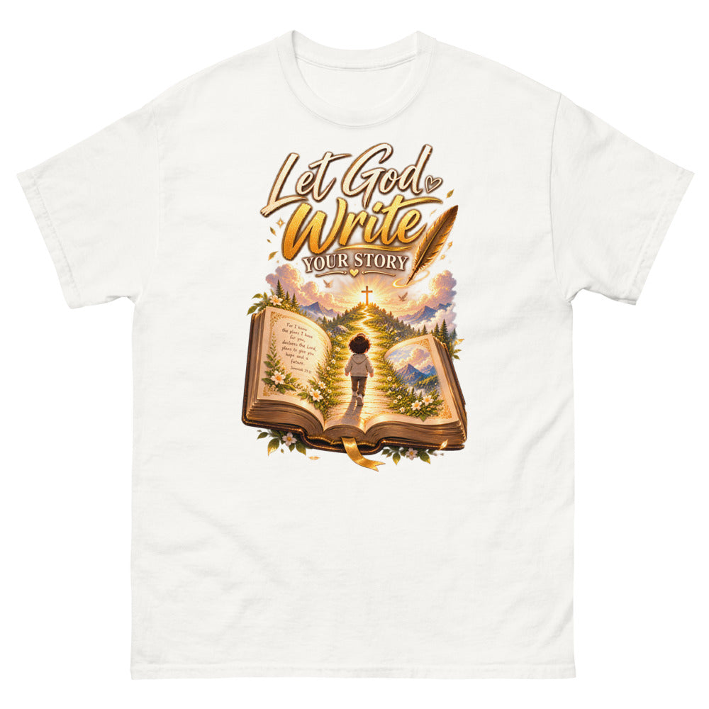 Open Bible with a child walking toward a cross and the words Let God Write Your Story