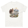 Chibi hiker girl looking at a mountain with a cross and the words Faith Can Move Mountains