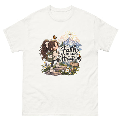 Chibi hiker girl looking at a mountain with a cross and the words Faith Can Move Mountains