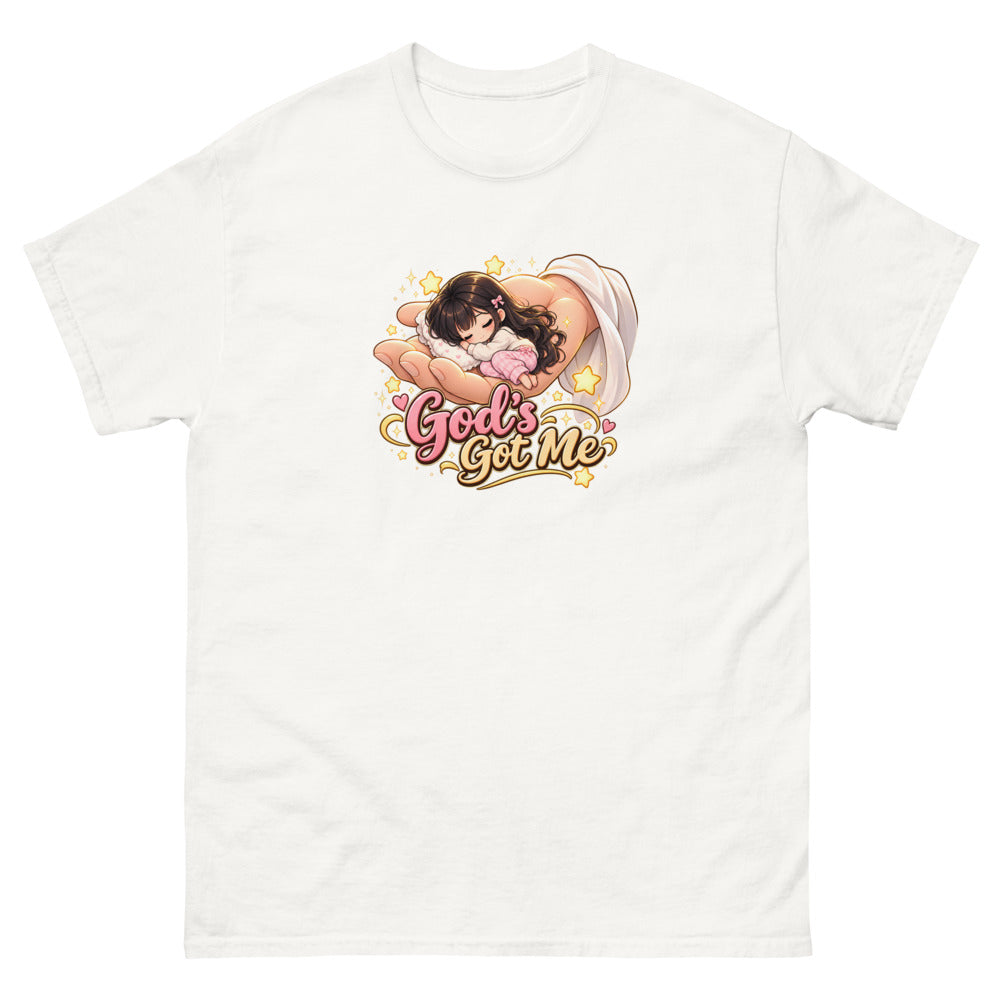 Chibi girl sleeping in the palm of God's hand with the words God's Got Me