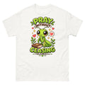 Cartoon praying mantis with a Bible and the words Pray Without Ceasing