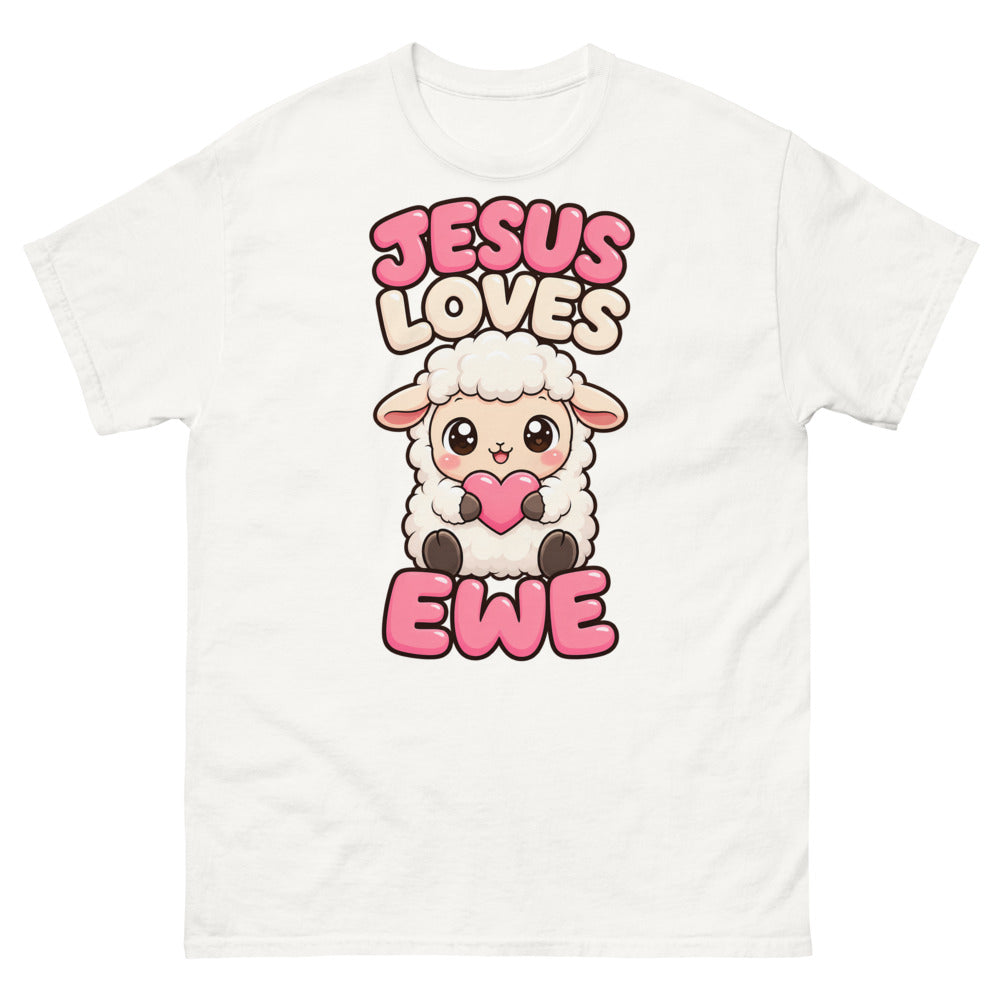 Cartoon lamb holding a heart with the words Jesus Loves Ewe