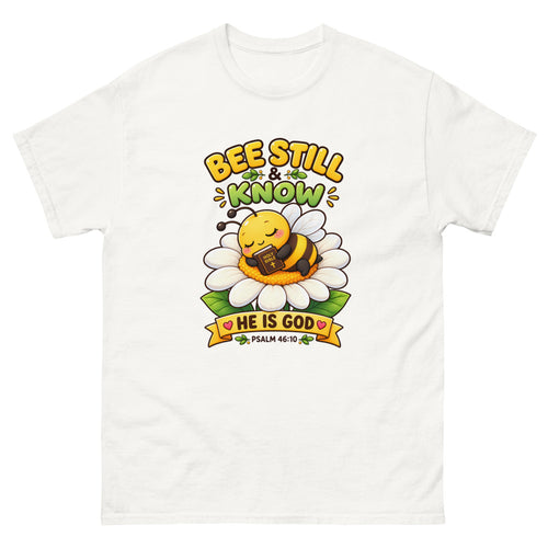 Cartoon bee sleeping on a daisy with a Bible and the words Bee Still And Know