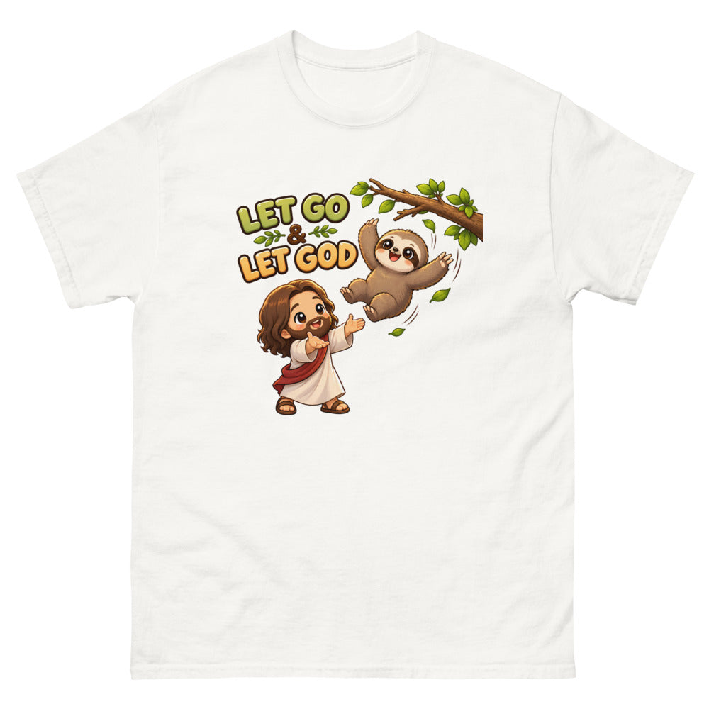 Cartoon sloth falling from a branch toward Jesus with the words Let Go And Let God