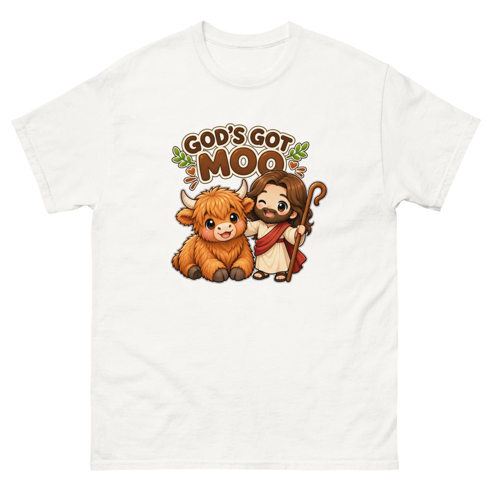 Cartoon highland cow with chibi Jesus and the words God's Got Moo