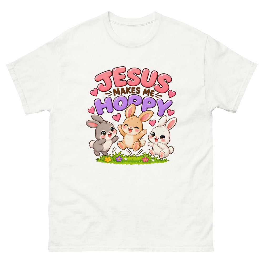 Three cartoon bunnies jumping with the words Jesus Makes Me Hoppy
