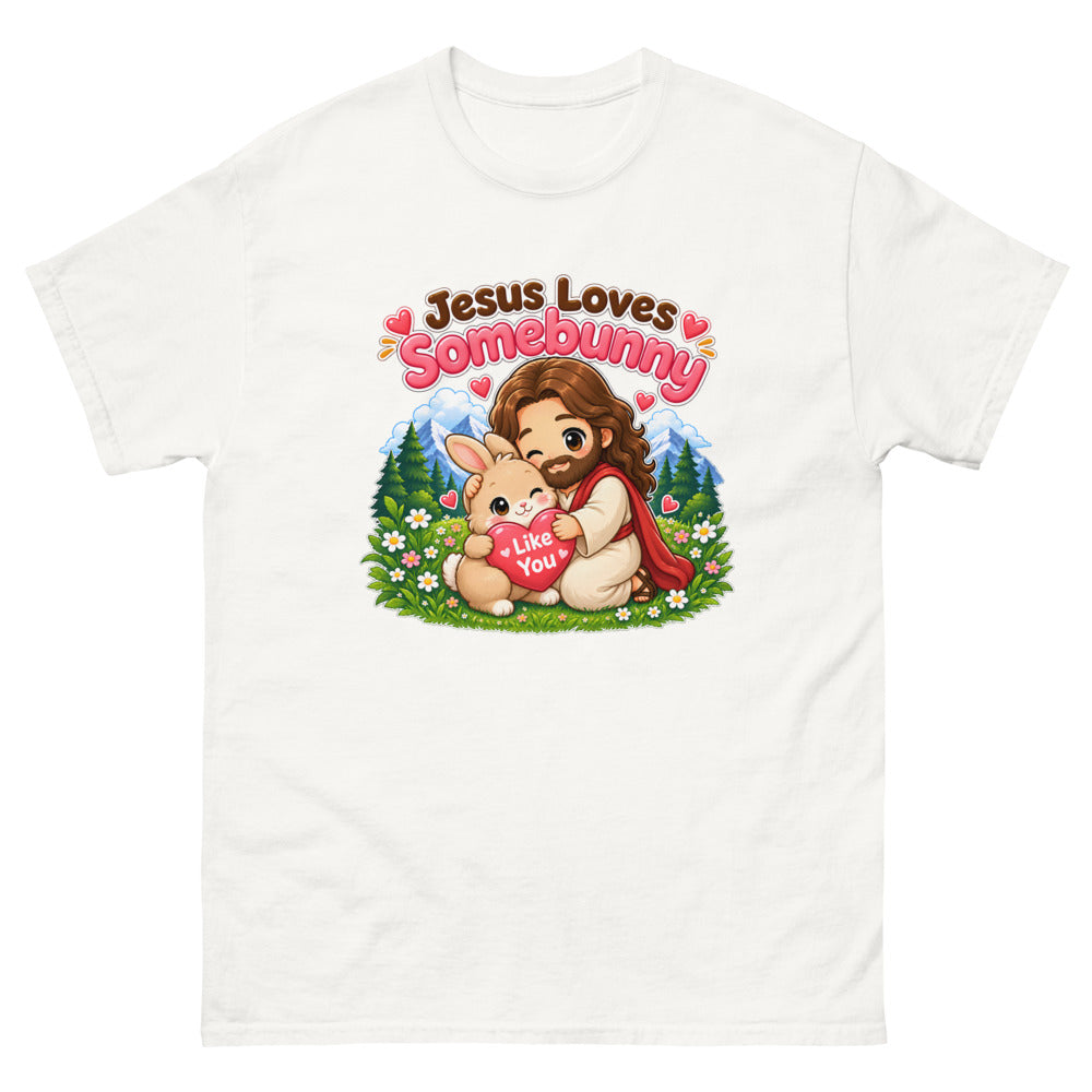 Chibi Jesus hugging a bunny holding a heart with the words Jesus Loves Somebunny