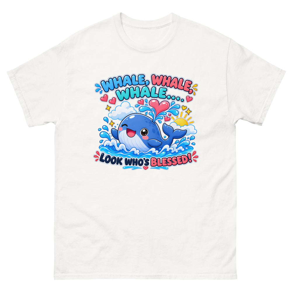 Cartoon whale spouting hearts with the words Whale Whale Whale Look Who's Blessed