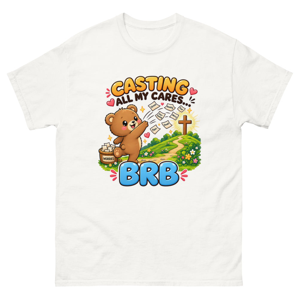 Cartoon bear throwing worry notes away with the words Casting All My Cares BRB