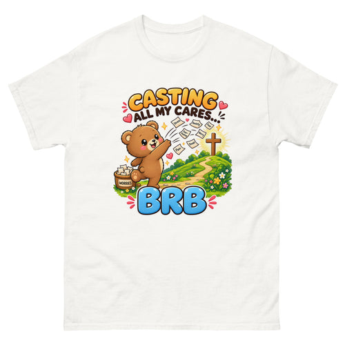 Cartoon bear throwing worry notes away with the words Casting All My Cares BRB