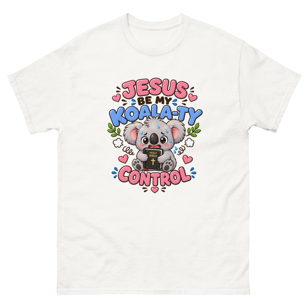 Cartoon koala holding a Bible with the words Jesus Be My Koala-ty Control