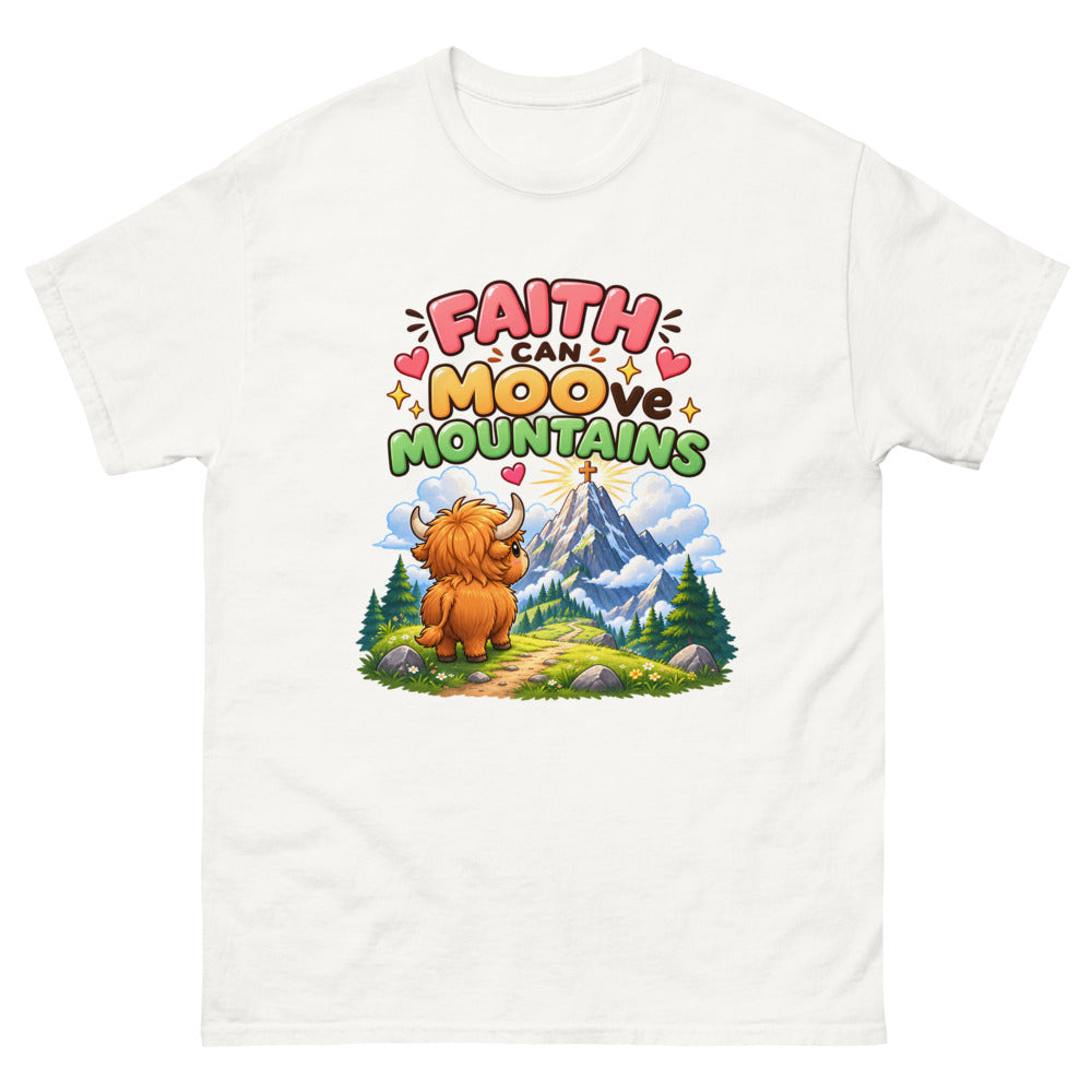 Cartoon highland cow looking at a mountain with the words Faith Can Moo-ve Mountains