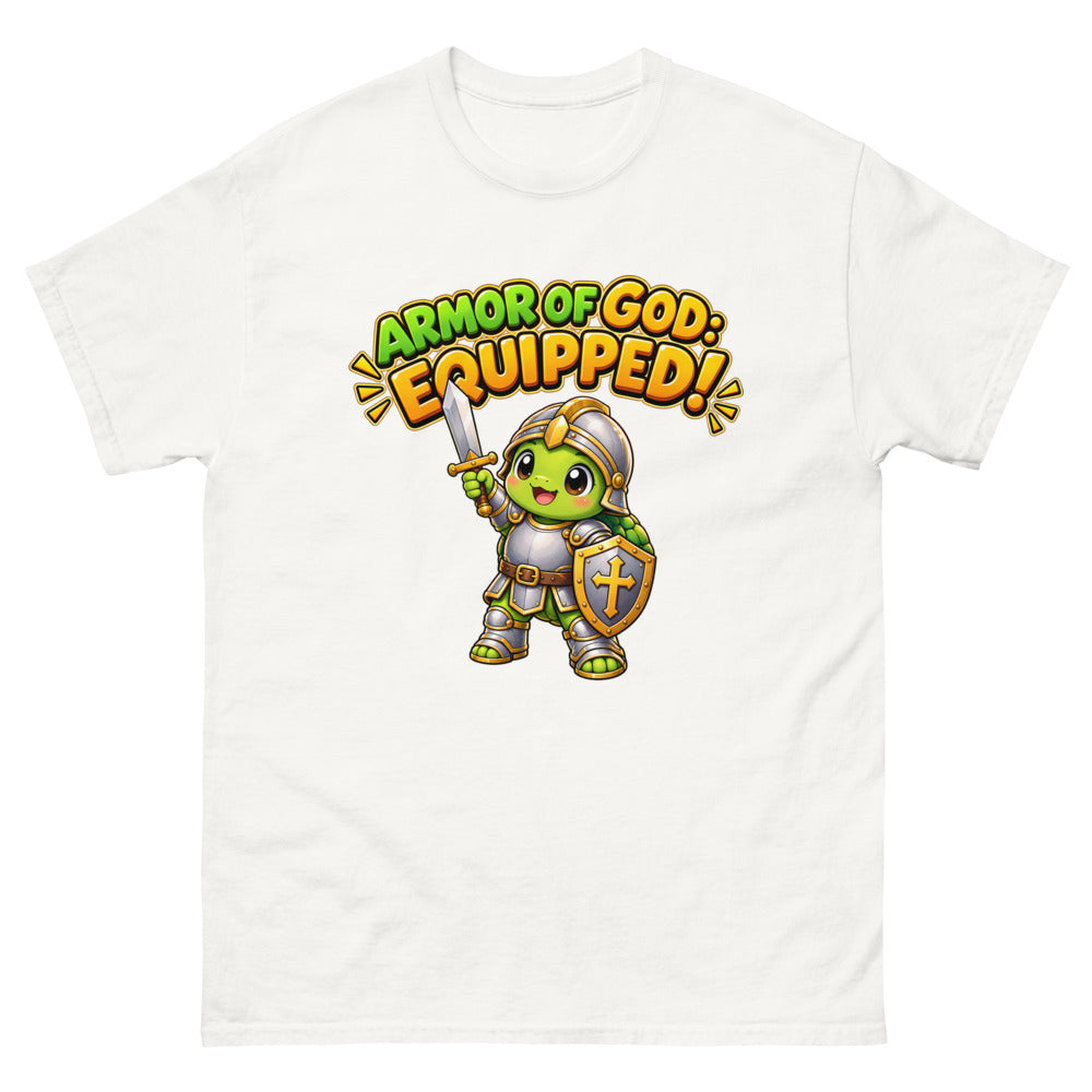 Cartoon turtle in knight armor with sword and shield and the words Armor Of God Equipped