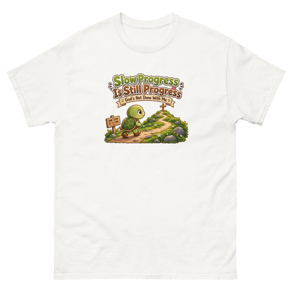 Cartoon turtle walking a path toward a cross with the words Slow Progress Is Still Progress