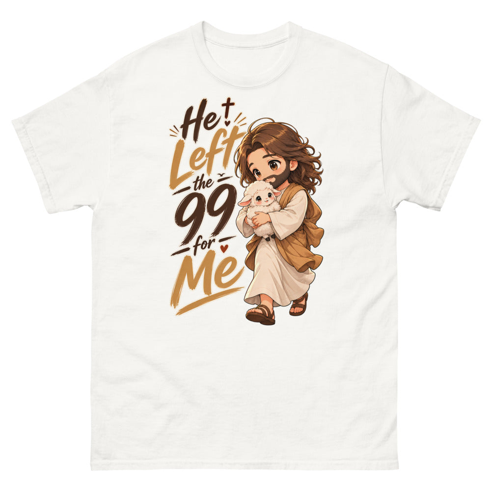 Chibi Jesus carrying a lamb with the words He Left The 99 For Me
