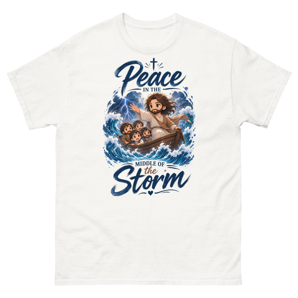 Chibi Jesus calming a storm in a boat with the words Peace In The Middle Of The Storm