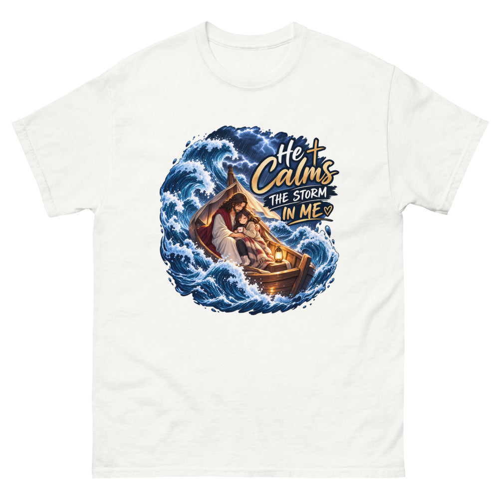 Jesus holding a young woman in a boat during a storm with the words He Calms The Storm In Me
