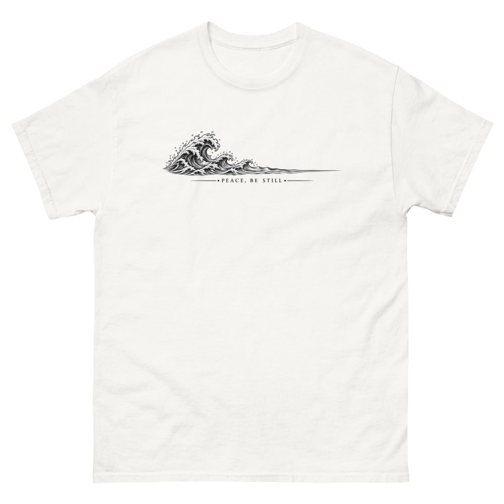 Engraved line art wave with the words Peace Be Still