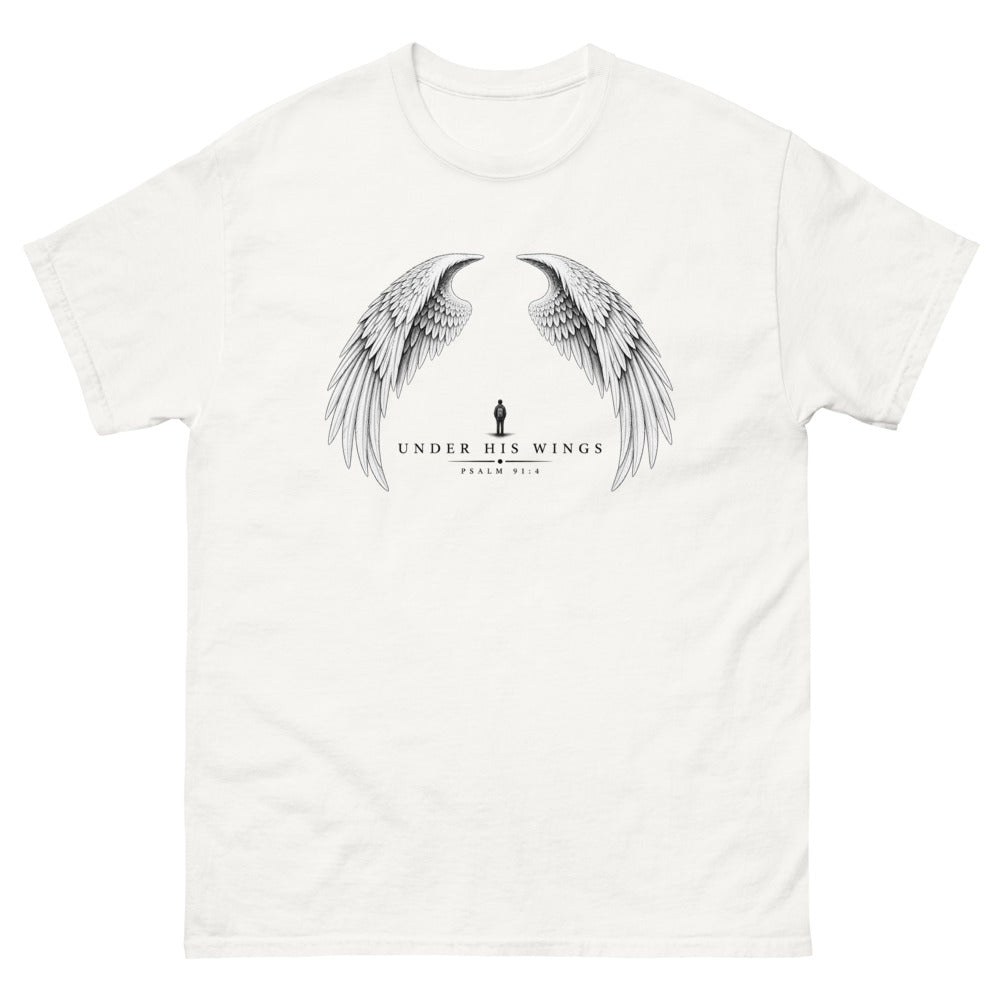 Line art angel wings with a small figure between them and the words Under His Wings