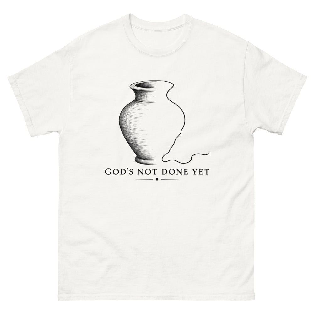 Half-finished line drawing of a clay vessel with the words God's Not Done Yet