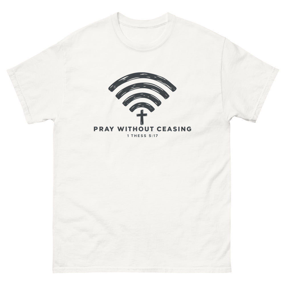 Brush drawn wi-fi symbol with a cross and the words Pray Without Ceasing