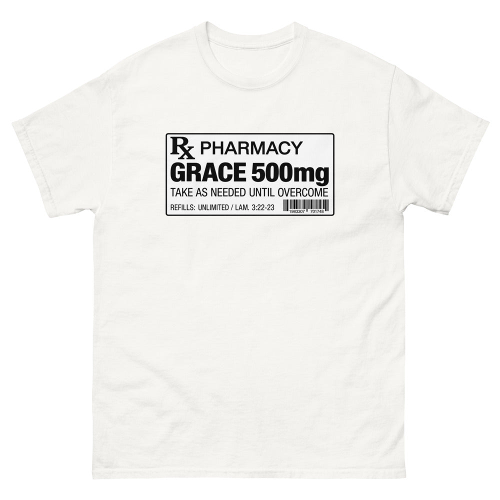 Pharmacy prescription label reading Grace 500mg, refills unlimited