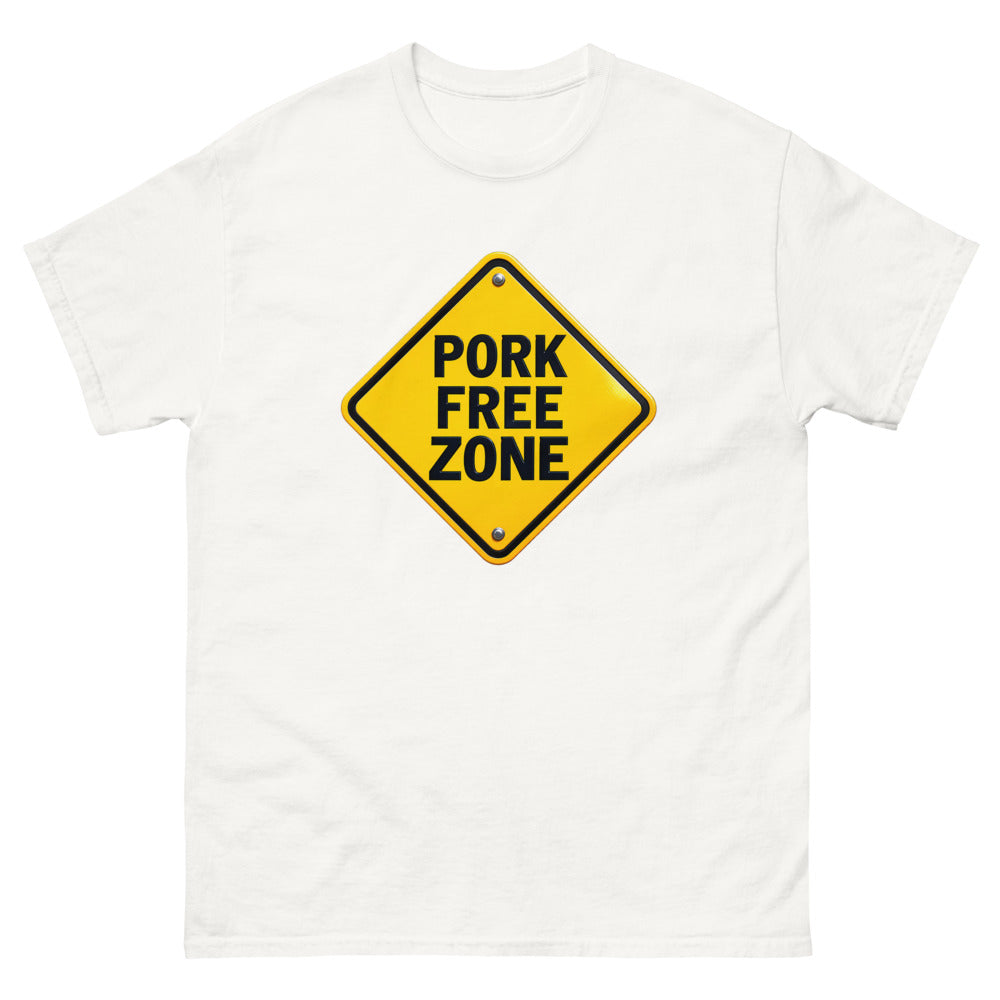 Yellow diamond road sign reading Pork Free Zone
