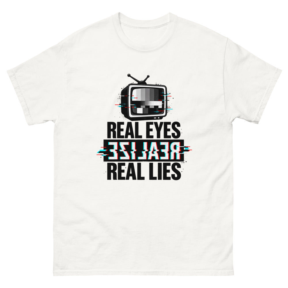 Glitching retro television with the words Real Eyes Realize Real Lies
