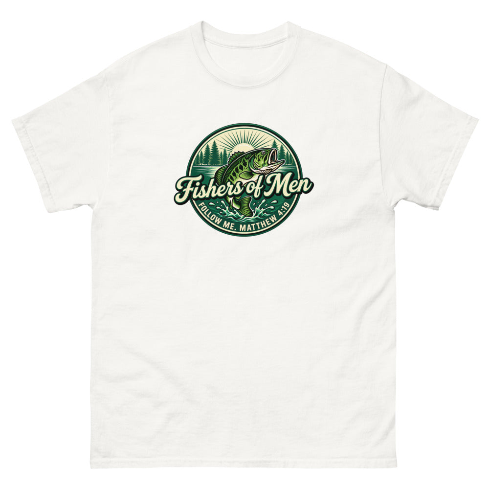 Green circular badge with a leaping bass reading Fishers of Men, Matthew 4:19