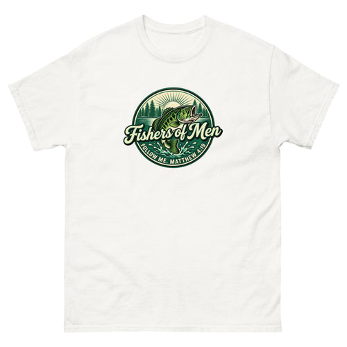 Green circular badge with a leaping bass reading Fishers of Men, Matthew 4:19