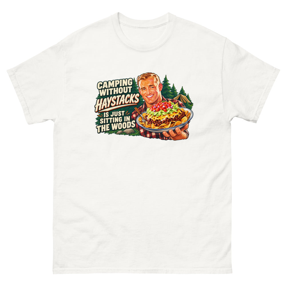 Retro illustration of a camper holding a plate of haystacks with the words Camping Without Haystacks Is Just Sitting In The Woods