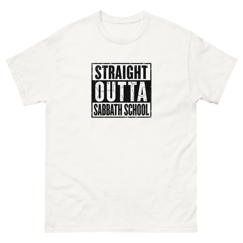 Distressed block lettering reading Straight Outta Sabbath School