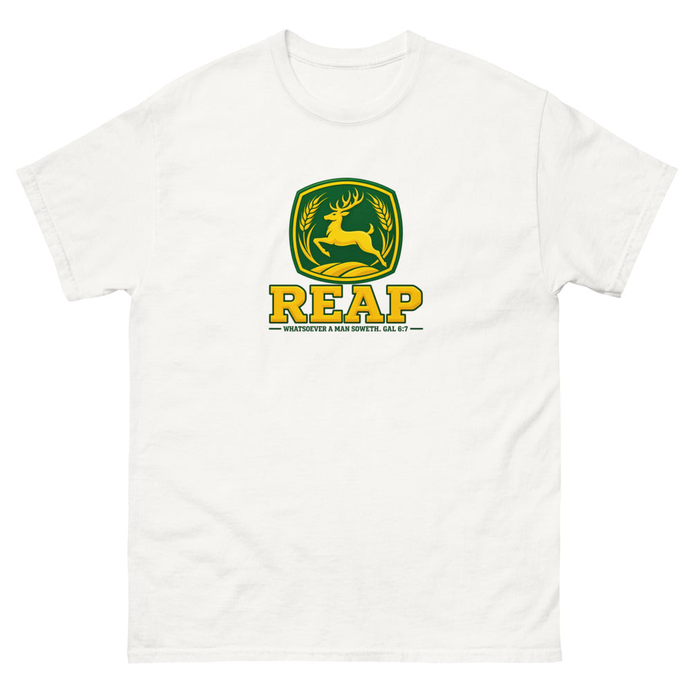 Green and gold crest with a leaping deer and wheat reading Reap, Galatians 6:7