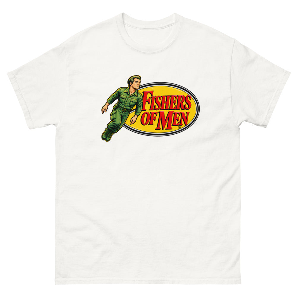 Action figure toy logo parody with a figure leaping from a yellow oval reading Fishers of Men