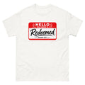 Red and white name badge reading Hello my name is Redeemed, Isaiah 43:1