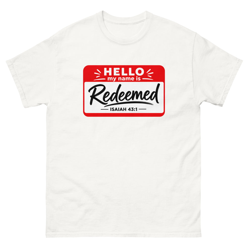 Red and white name badge reading Hello my name is Redeemed, Isaiah 43:1