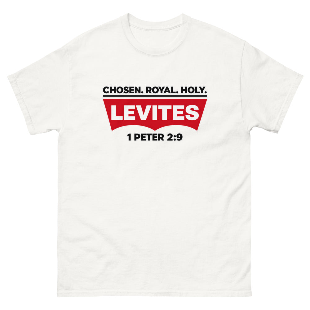 Red batwing patch reading Levites with Chosen Royal Holy and 1 Peter 2:9