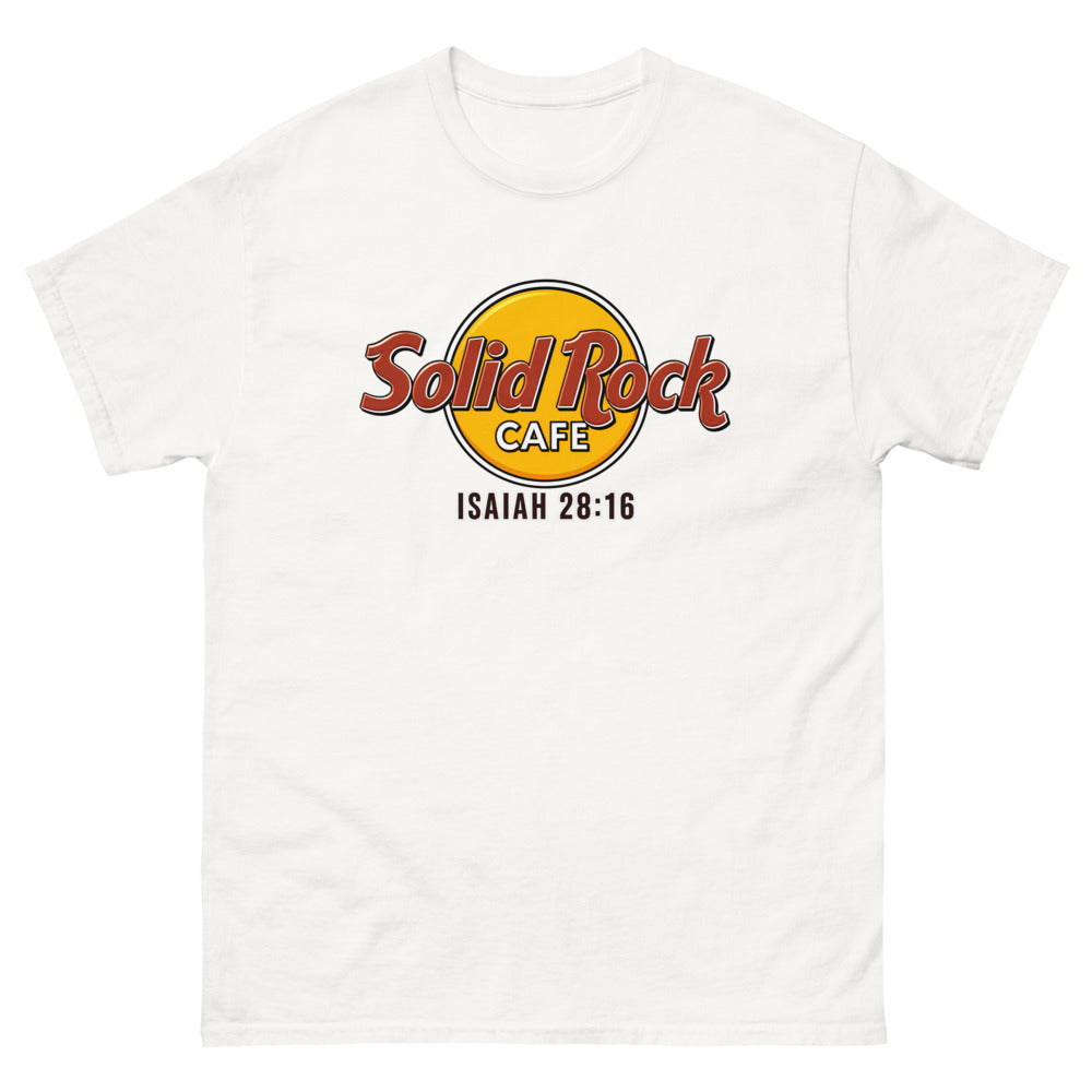 Gold roundel reading Solid Rock Cafe with Isaiah 28:16