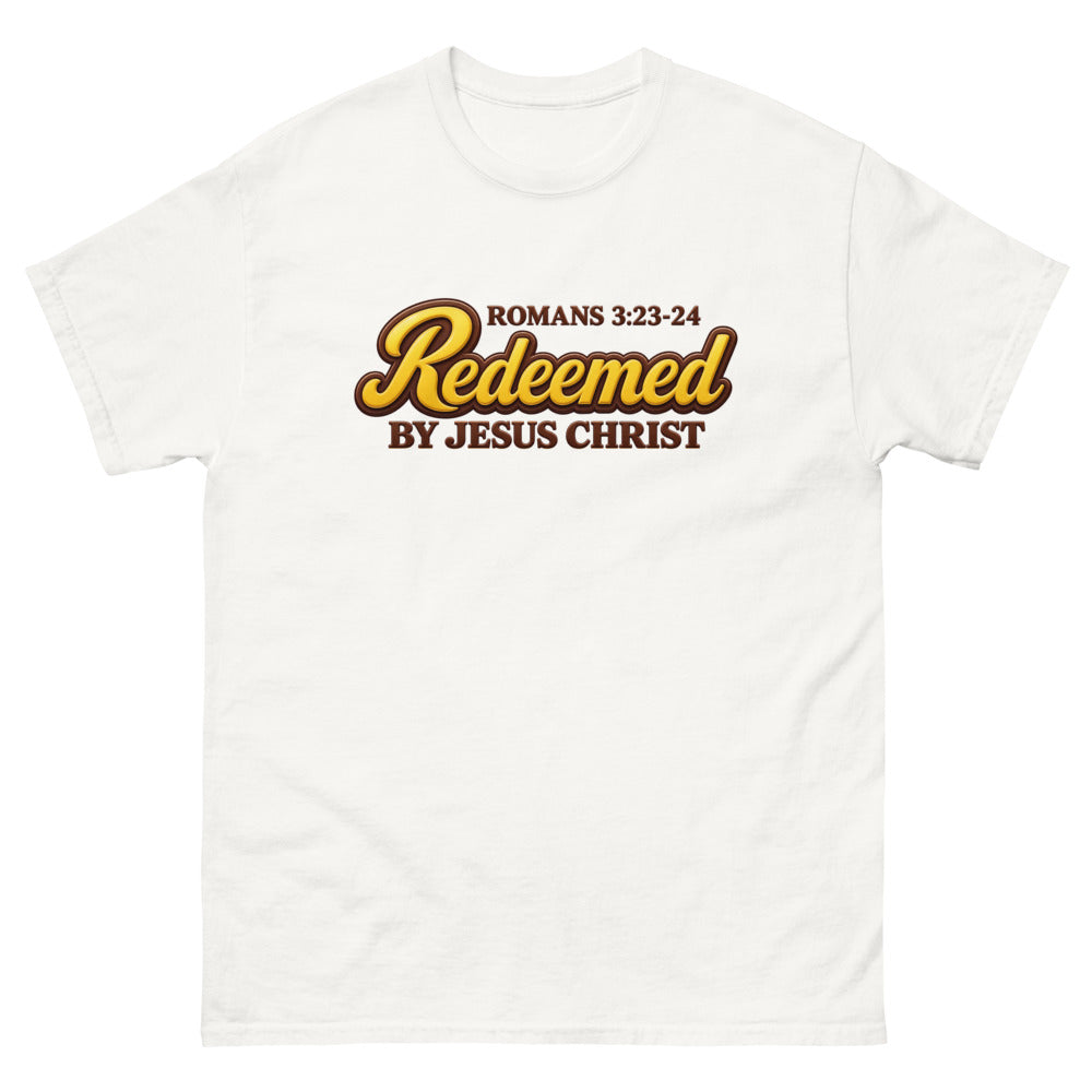 Glossy gold and brown candy script reading Redeemed by Jesus Christ, Romans 3:23-24