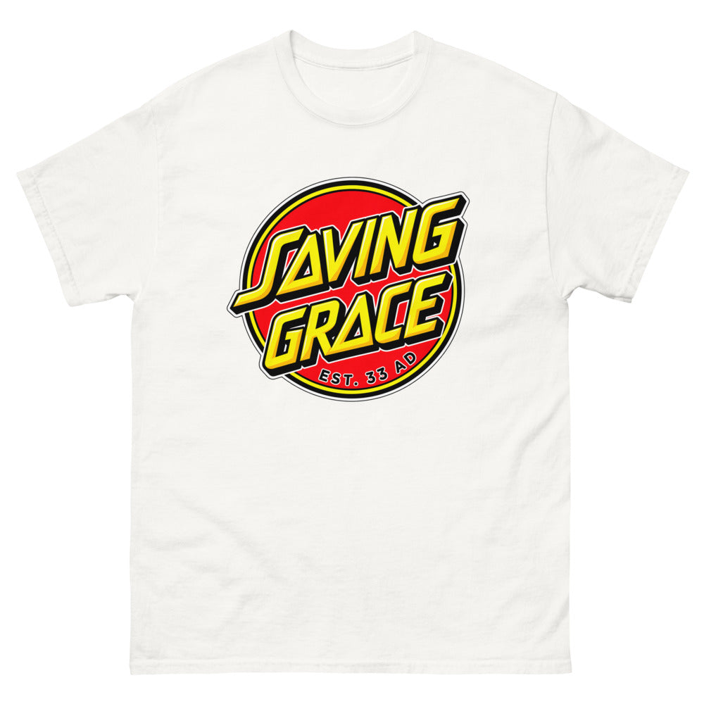 Red circle skate logo reading Saving Grace, Est. 33 AD