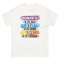 Three watercolor strokes reading Humanity is my race, Jesus is my Savior, Love is my language