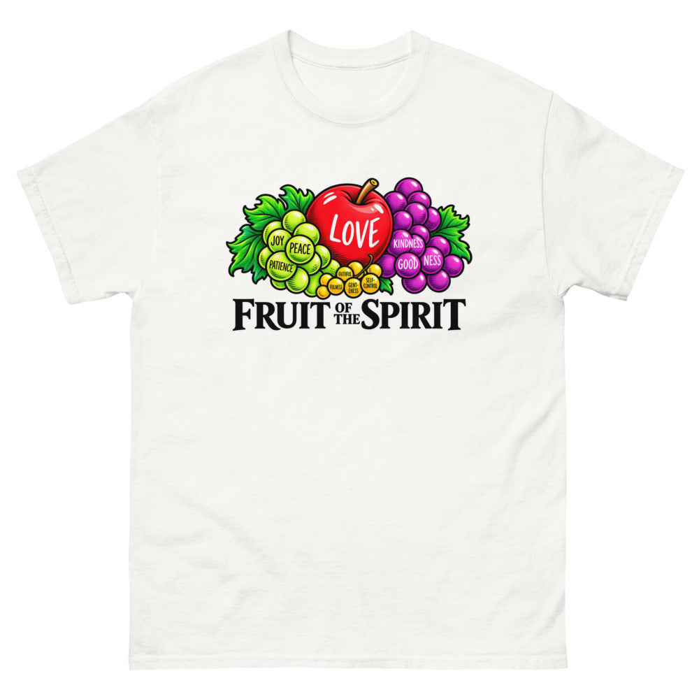 Illustrated fruit labelled with the fruit of the spirit under the words Fruit Of The Spirit