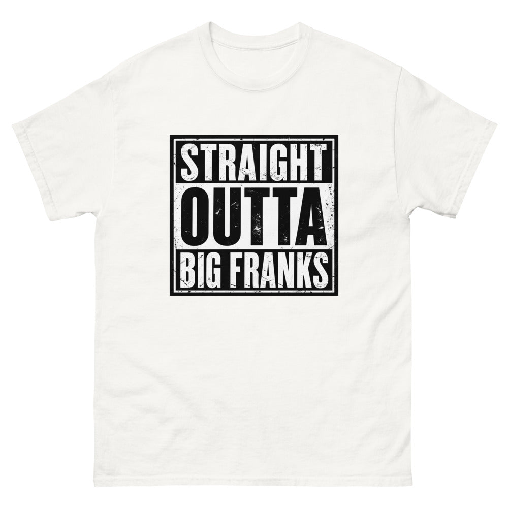 Distressed block lettering reading Straight Outta Big Franks