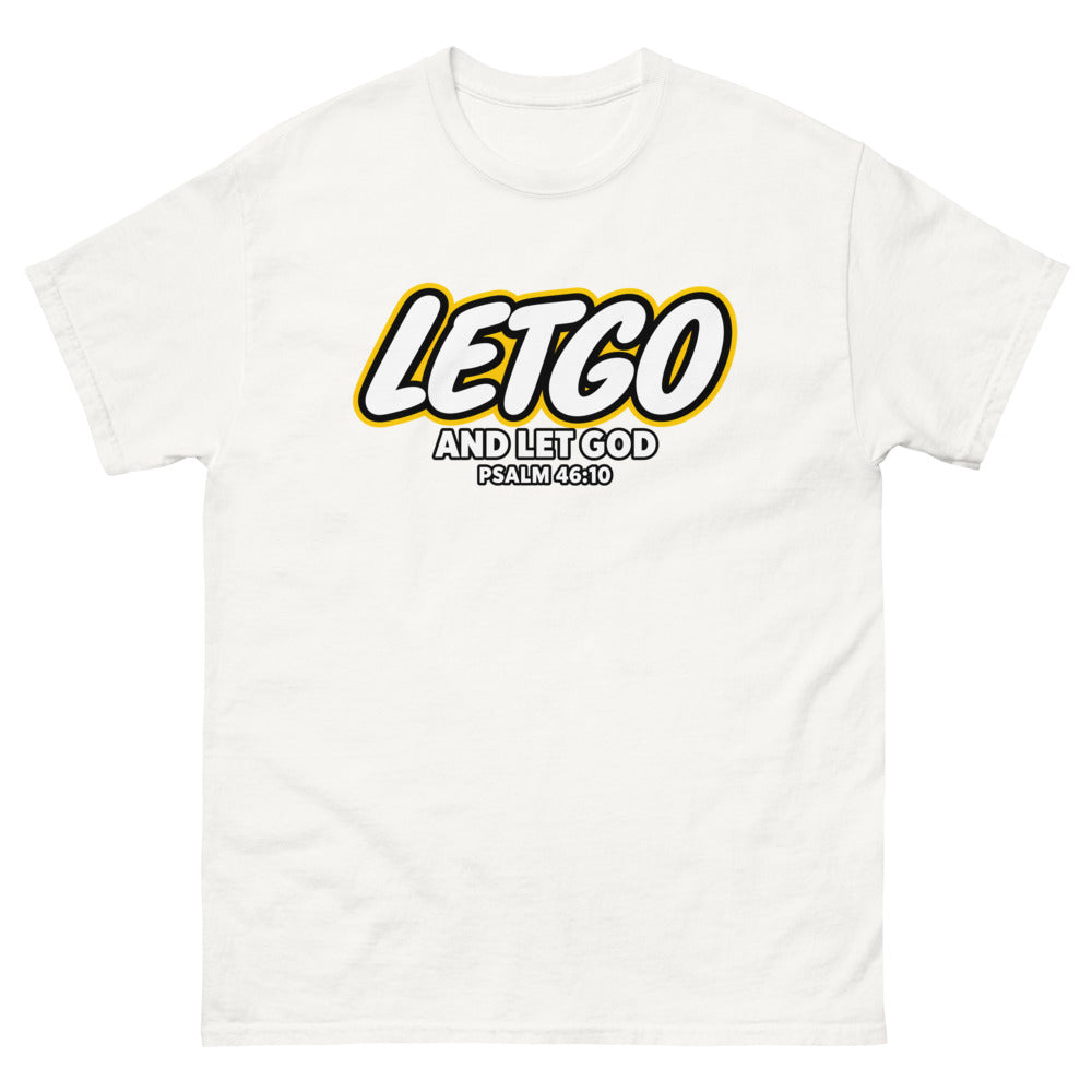 Toy brick logo parody reading Letgo and Let God, Psalm 46:10
