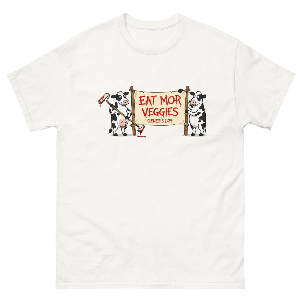Two cartoon cows holding a banner reading Eat Mor Veggies, Genesis 1:29